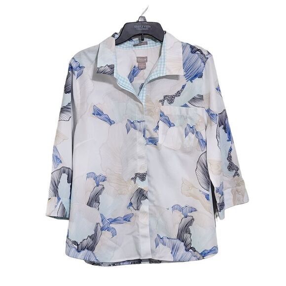 Chico's Top 16 no iron white & blue button up - Picture 1 of 5